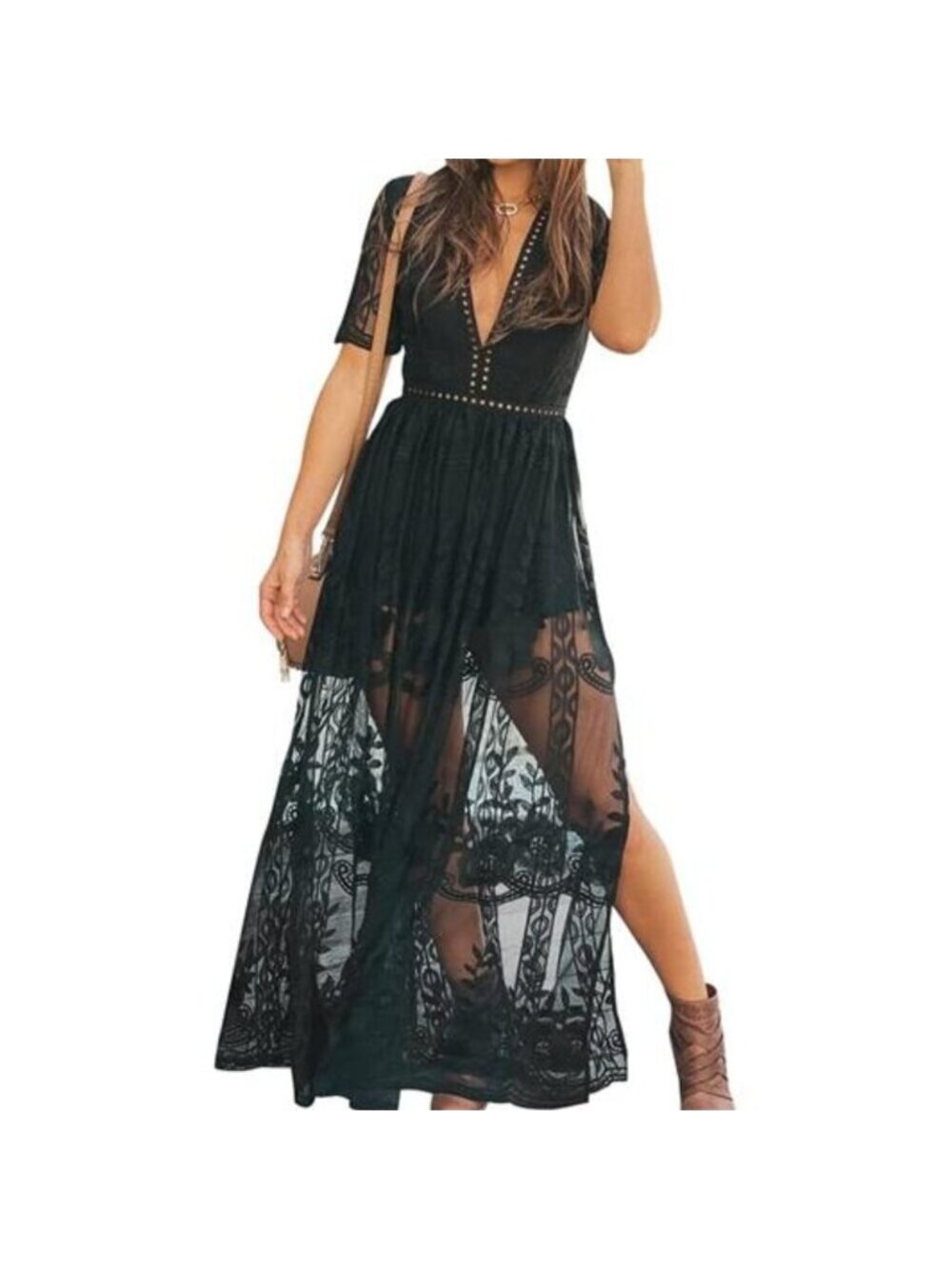 Women's Deep V-Neck Lace Romper Short Sleeve Long Dress, Black